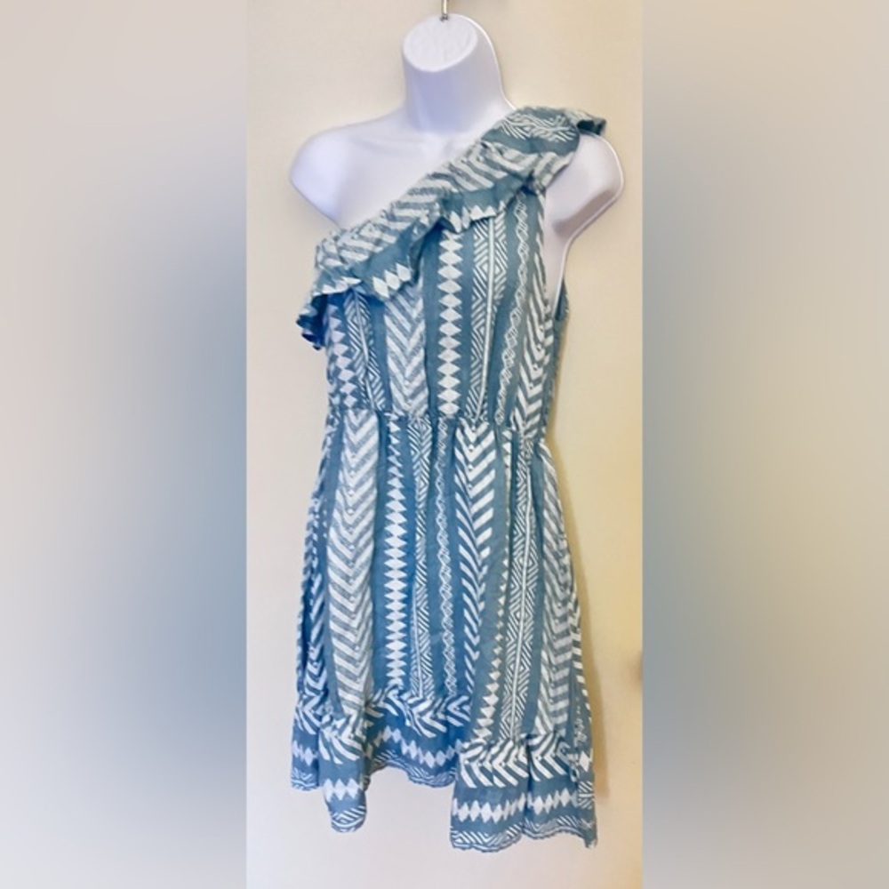 Valentina Naldi Blue and White Linen One Shoulder Ruffle Mini Dress Size Large
